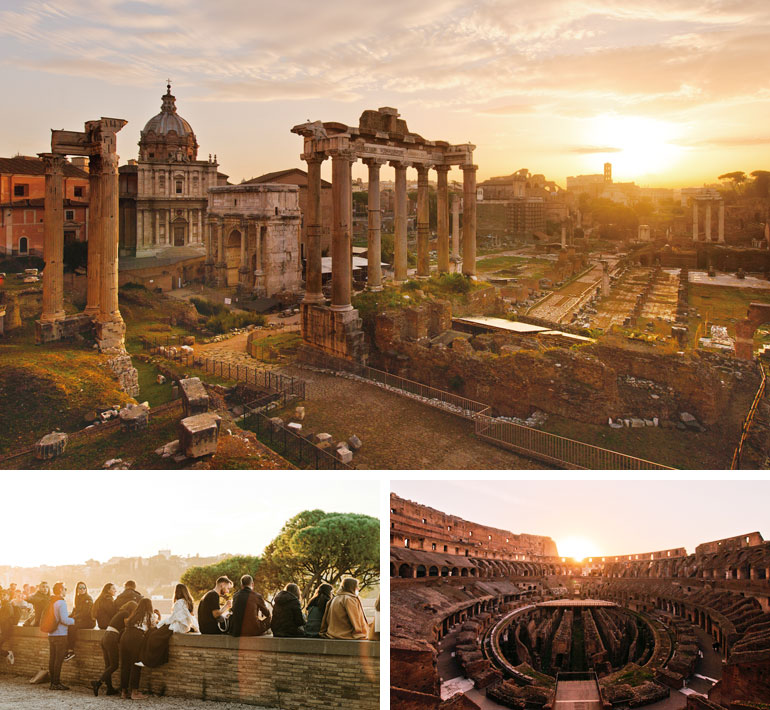 古代ローマの中心地だったフォロ・ロマーノ。ここには王政から共和政、帝政と都市国家から大帝国に至るさまざまな遺跡が混在し、古代ローマの成り立ちを一目で俯瞰できます。さらには、円形闘技場コロッセオや古代ローマの温泉施設だったカラカラ浴場を訪れ、その壮大な威容を目の当たりにし、ローマの栄光と「つわものどもが夢の跡」に想いを馳せます。