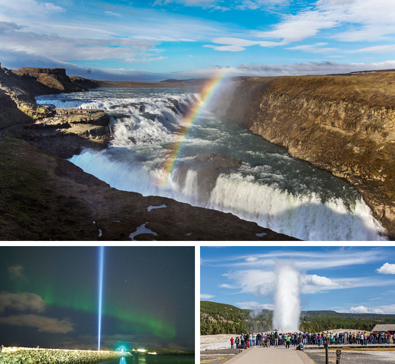“生きている地球”を体感できる見どころが、数多く点在するアイスランド。毎秒140トンもの氷河の雪解け水が注ぐグトルフォス、地球の鼓動が熱湯となり吹き上がる間欠泉など、たくさんの驚異的な風景に出会えるでしょう。さらにアイスランド沖は、オーロラ観測に適したエリア。夜空に揺らめくオーロラに包まれる神秘的な体験にも、期待が高まります。